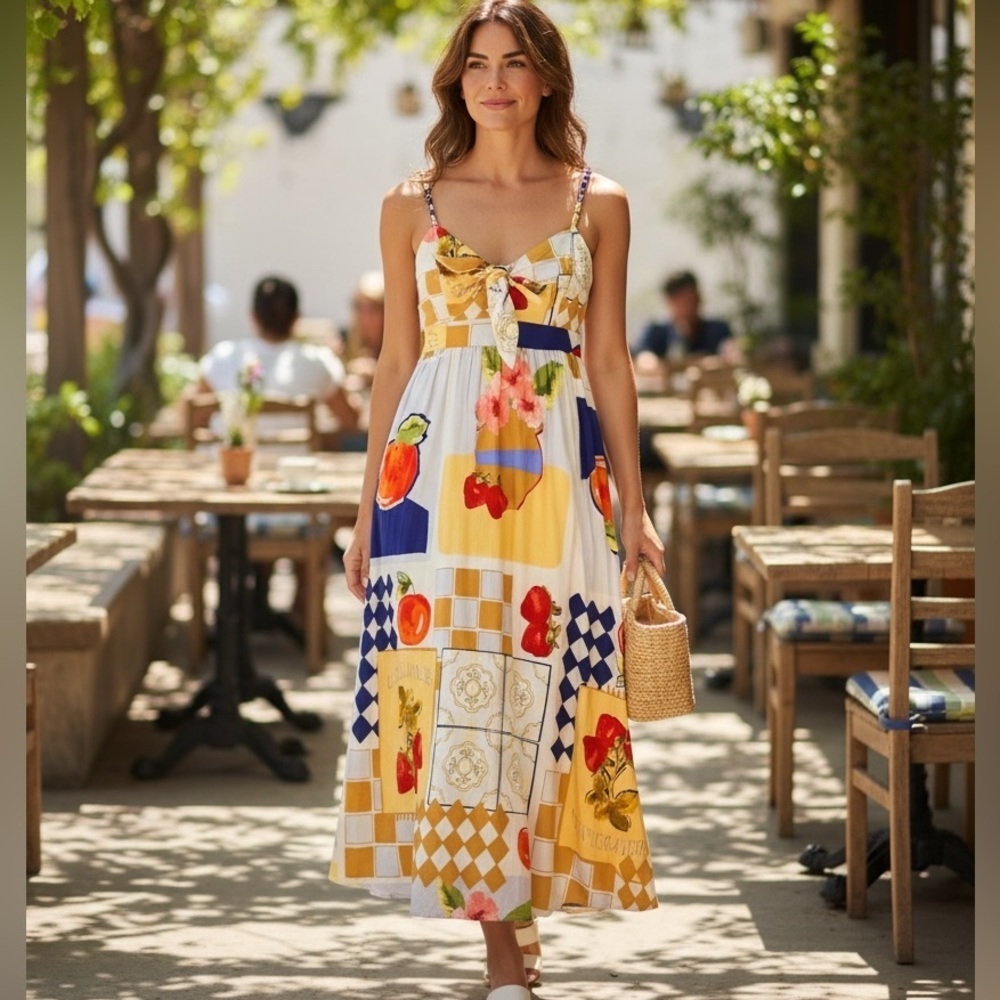 New Caroline Constas Multicolor Maxi Dress linen strappy fruits XSmall NWT